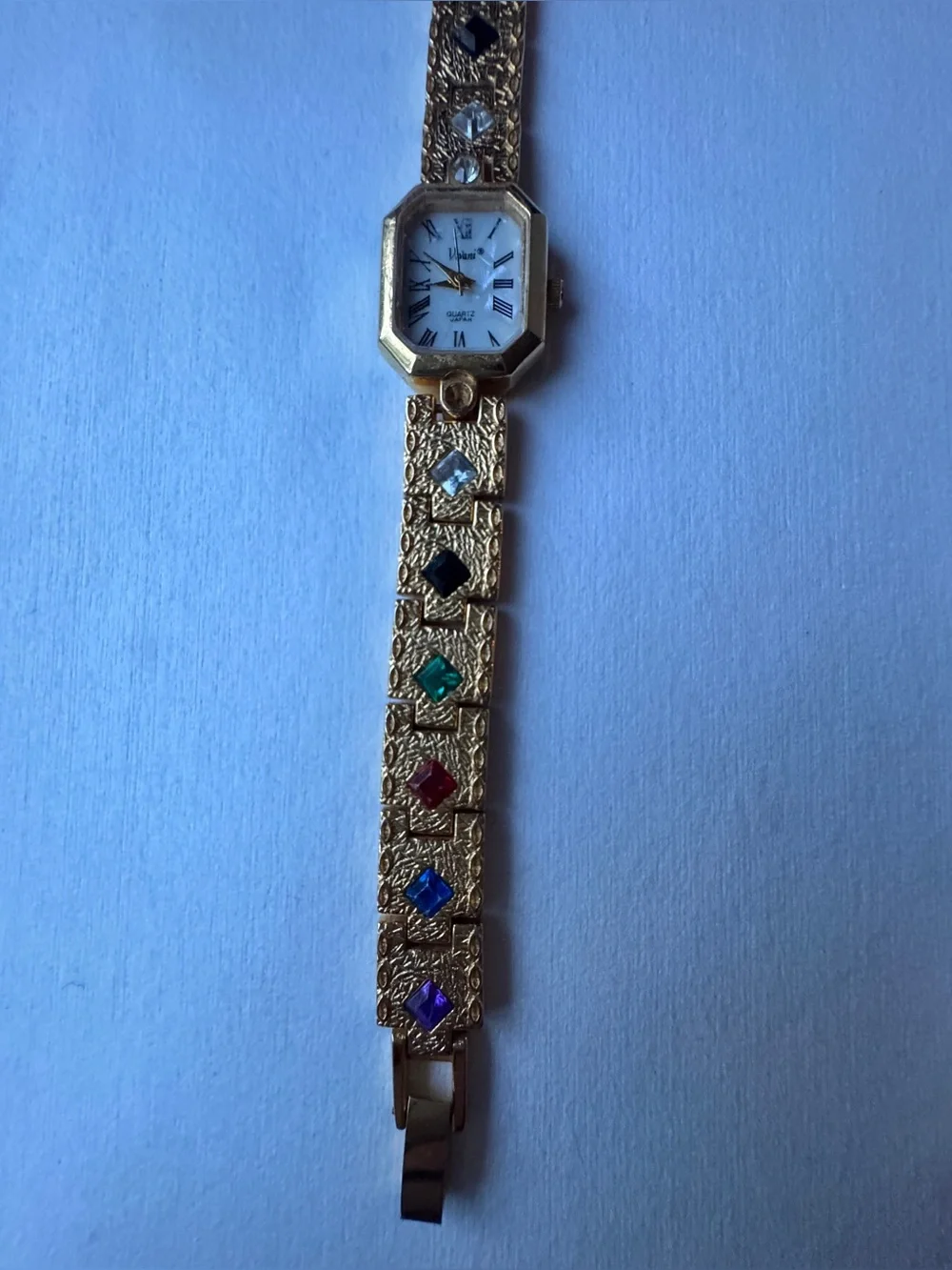 Vintage Vivani Women’s Watch Quartz Gold Tone Links With Multicolor Stone Insets